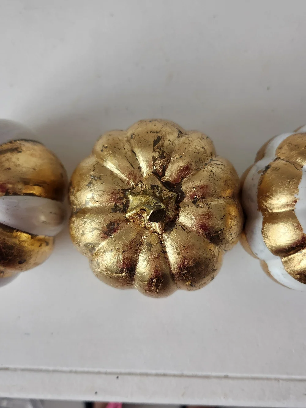 Metallic Gold  Hammerd Tray & White & Gold Pumpkin Trio Hand Painted W/Gold Leaf
